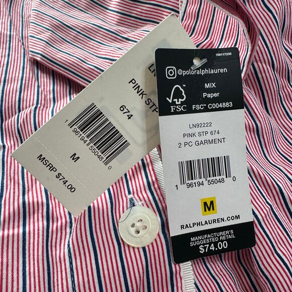 Ralph Lauren Shirt Womens Medium Pink Blue Striped Luxury Logo Pajama Top New - Picture 4 of 10